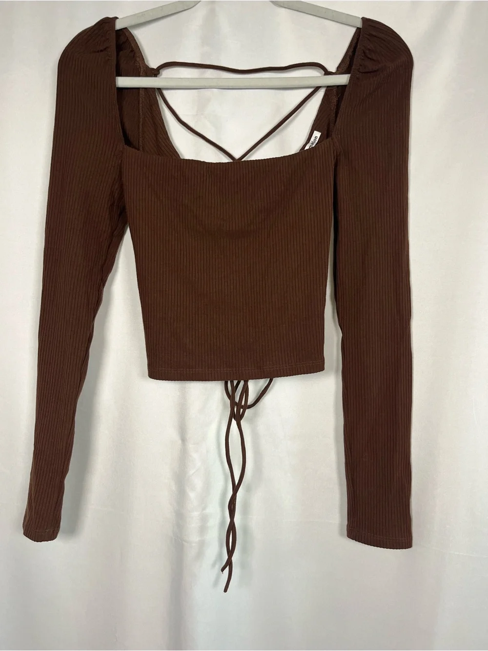 Reformation Chrissy open tie back cafe brown ribbed long sleeve crop top sz s